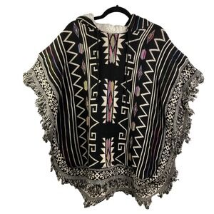 Mexican Sherpa Poncho Hoodie‎ Norma Angelita Tribal Aztec Fringed Made in Mexico